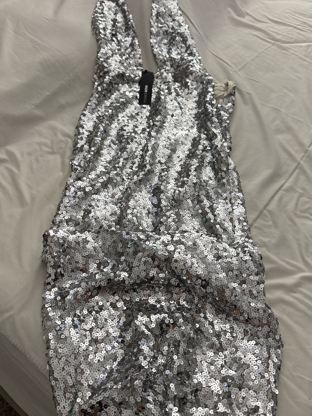 Fashion Nova Silver Sequin Plunge Neck Prom Dress